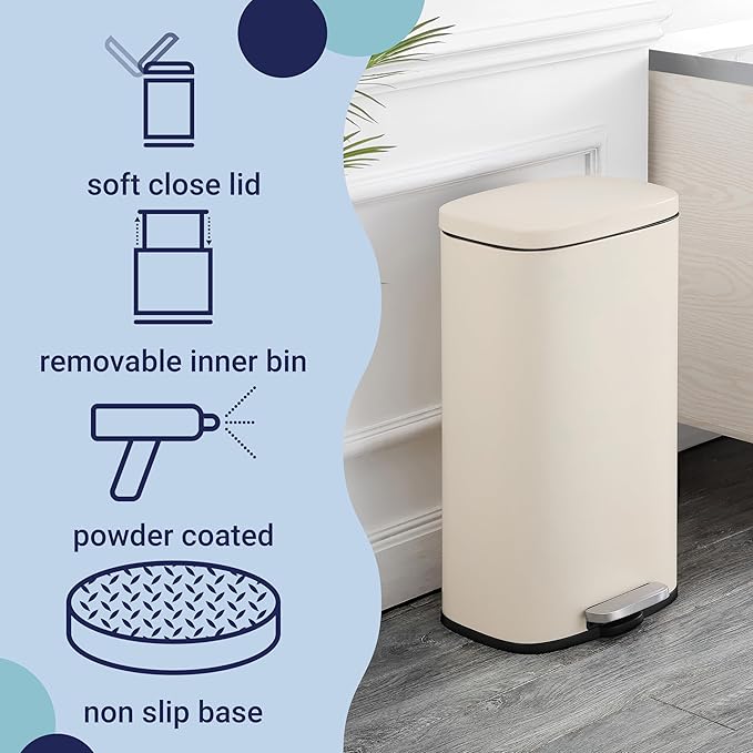 happimess HPM1011I Curtis 8-Gallon Step-Open Trash Can, Fingerprint Resistant, Modern, Minimalistic for Home, Kitchen, Laundry Room, Office, Bedroom, Bathroom, Limestone Beige