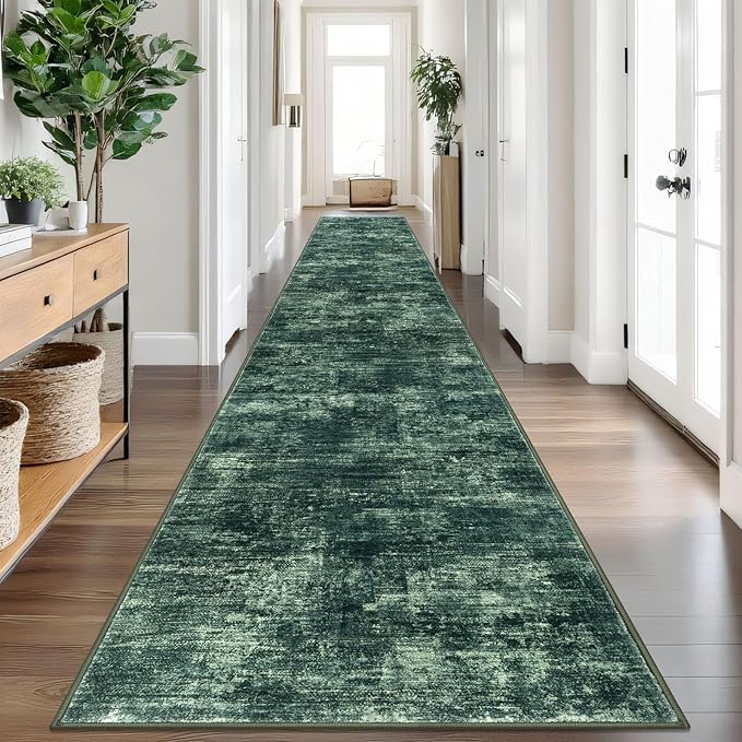 IOHOUZE Abstract Runner Rug 3x18 Ft Washable Runners for Hallways, Non Slip Kitchen Runner Printed Faux Wool Entryway Runner Indoor, Modern Abstract Floor Carpet for Hall Stair, Dark Green