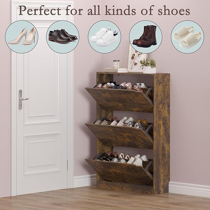Shoe Cabinet with 3 Flip Drawers, Hidden Wood Shoe Cabinet,Freestanding Shoe Storage Cabinet for Entryway Hallway