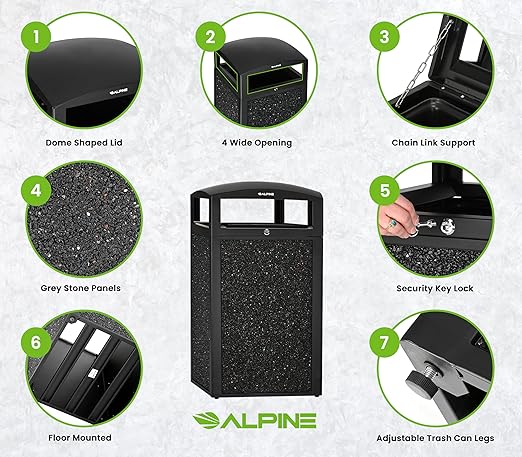 Alpine Outdoor Commercial Trash Can with Lid - 40 Gallon Heavy Duty Metal Garbage Can with Removable Bin, Locking Lid for a Modern Look in Park, Mall & High Traffic Areas - Black, Grey Stone Panels