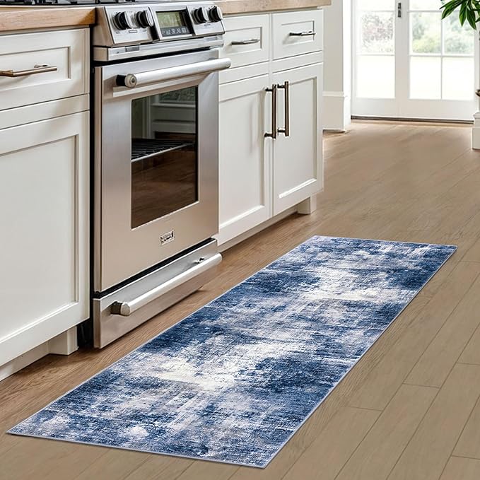 IOHOUZE Abstract Runner Rug 2x6 Ft Washable Runners for Hallways, Non Slip Kitchen Runner Printed Faux Wool Entryway Runner Indoor, Modern Abstract Floor Carpet for Hall Kitchen Bedroom, Navy/Grey