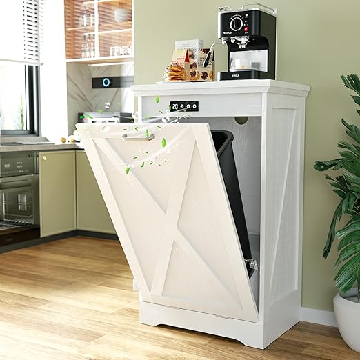 Betterhood Tilt Out Trash Can Cabinet, Hidden Trash Bin with Deodorizing & Negative Ion System, Pet-Proof Kitchen Waste Cabinet for Kitchen, Dining Room, Living Room (White, 1 * 10 Gallons)