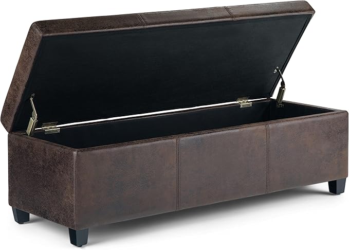 SIMPLIHOME Avalon 48 inch Wide Contemporary Rectangle Storage Ottoman Bench in Distressed Brown Vegan Faux Leather, Assembled, for the Living Room, Entryway and Family Room