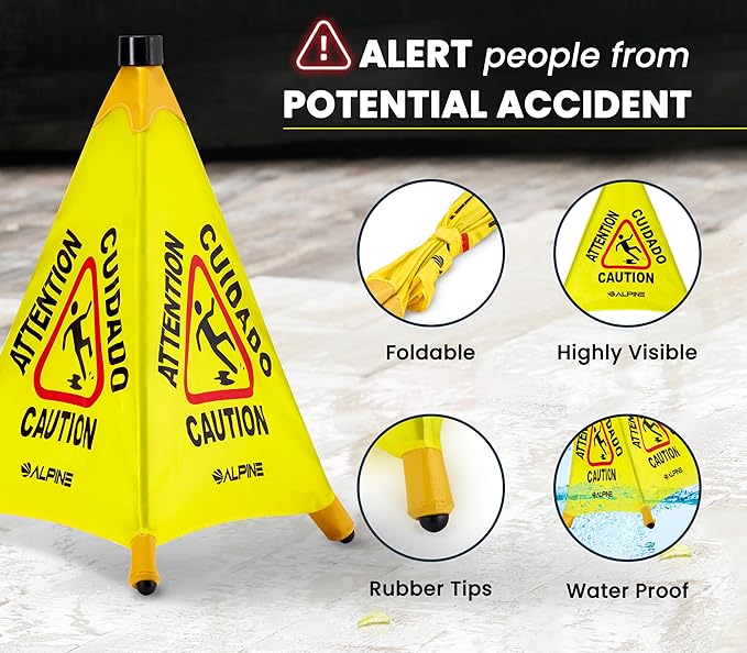 Alpine Caution Wet Floor Sign 3 Pack - Pop Up Slippery When Wet Sign, Wall Mounted Foldable Bilingual Yellow Safety Warning Caution Cone for Commercial & Office Use (20 Inches)