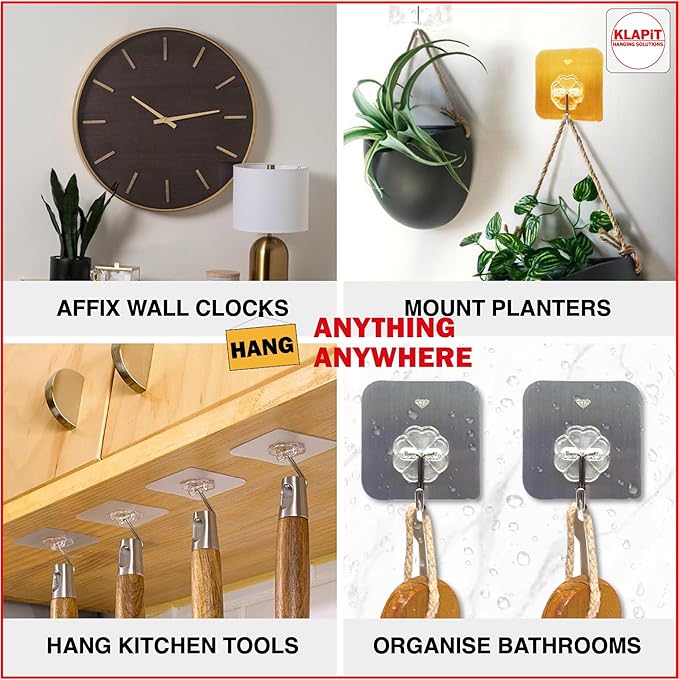 KLAPiT Super Hook - Heavy-Duty Adhesive Clear Wall Hooks, Holds Up to 11 lbs, Waterproof, No Damage, Easy Install on Tile, Wood, Stone, Glass & Metal - Made of Steel (Clear, 8pc)