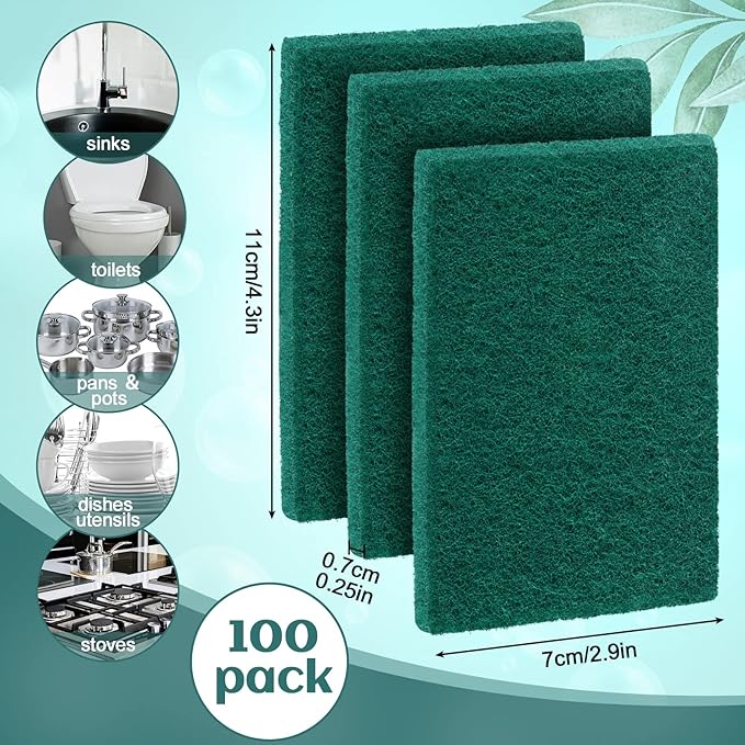 Hoolerry 100 Pcs Heavy Duty Scouring Pads Non Scratch Household Scrub Pads for Cleaning Reusable Pan Scrubber Anti Grease Scrubbing Pads for Dish Kitchen Metal Grills, 4.3 x 3 x 0.3 in (Green)