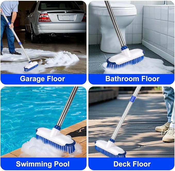 ITTAHO Floor Scrub Brush with Long Handle, 2 in 1 Deck Scrub Brush, Stiff Bristle Scrub Broom & Cleaning Brush for Tile Floor,Deck,Patio,Marble,Garage,Wall, Kitchen,Bathroom