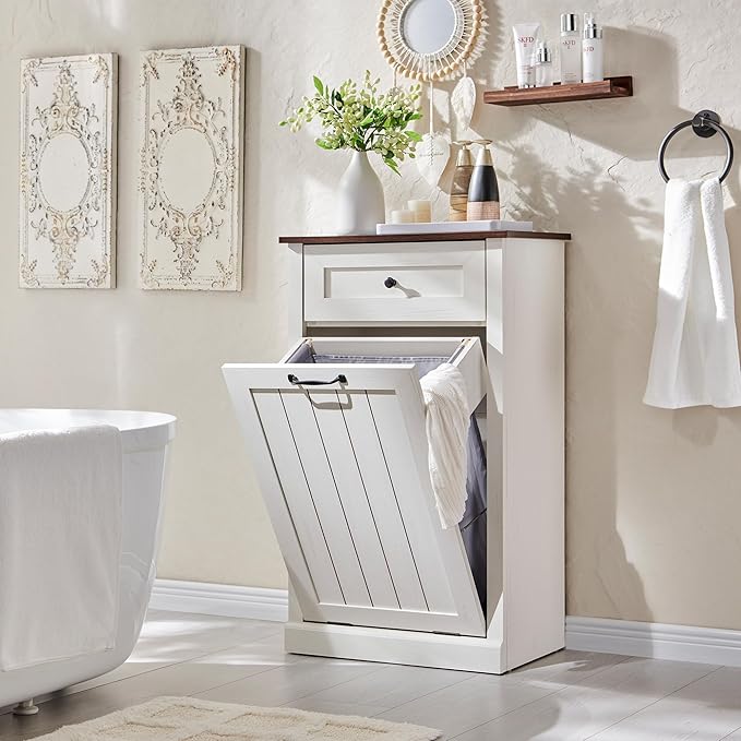 Tilt Out Laundry Hamper Cabinet, 10 Gallon Farmhouse Trash Can Cabinet with Drawer, Hidden Wood Garbage Can Bin Cabinet with Laundry Storage Basket for Bathroom, Kitchen, Antique White