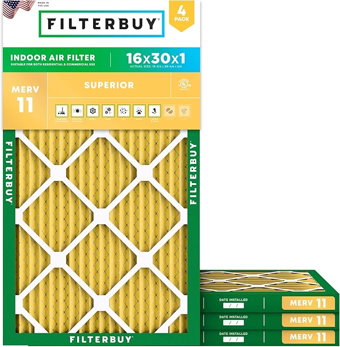 Filterbuy 16x30x1 Air Filter MERV 11 (MPR 1200) Allergen Defense Replacement (4-Pack), Electrostatic Pleated HVAC AC Furnace Filters, Made in USA (Actual Size: 15.75 x 29.75 x 0.75)