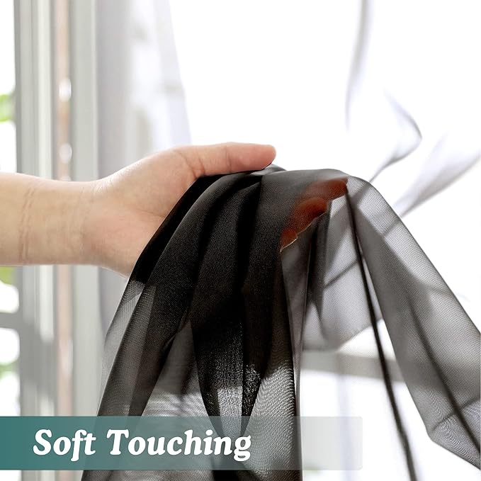 Chyhomenyc Black Sheer Window Curtain Panels 63 Inches Length, 2 Pieces, Voile Top Dual Rod Pockets Light Filtering Airy Trendy Drapes Window Treatment for Living Room/Bedroom, 42Wx63L