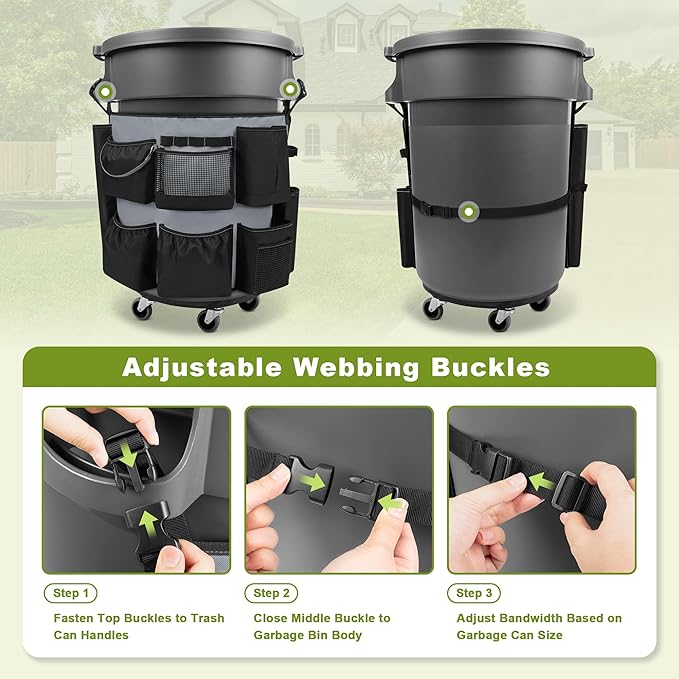 32-55 Gallon Trash Can Caddy Bag, Garbage Bin Apron Caddy with Multiple Pockets for Cleaning Supplies, Cleaning Tool Organizer with Adjustable Buckle for Janitorial Trash Can, Black+Gray