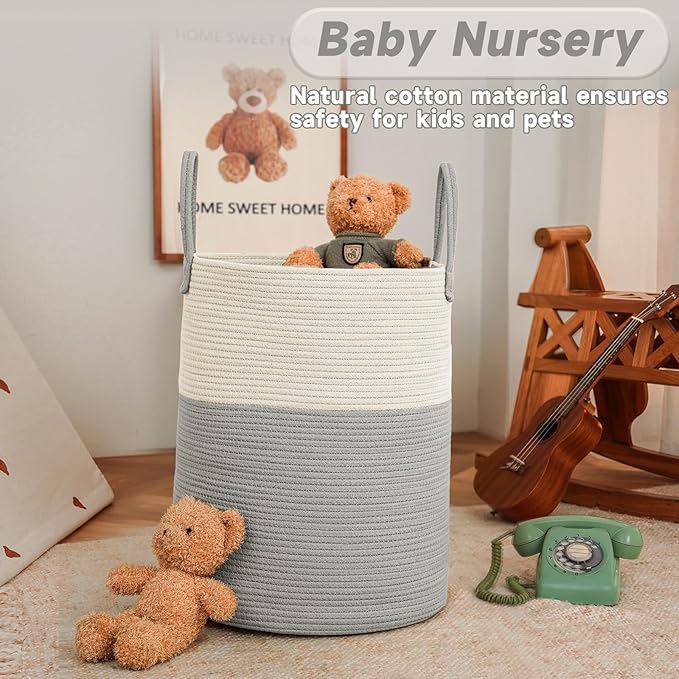 Large Woven Laundry Basket Hamper,100L Cotton Rope Storage Bin for Blankets,Toys and Clothes,Decorative Tall Nursery Hamper for Living Room,Baby Nursery,Bathroom and Bedroom,White and Grey