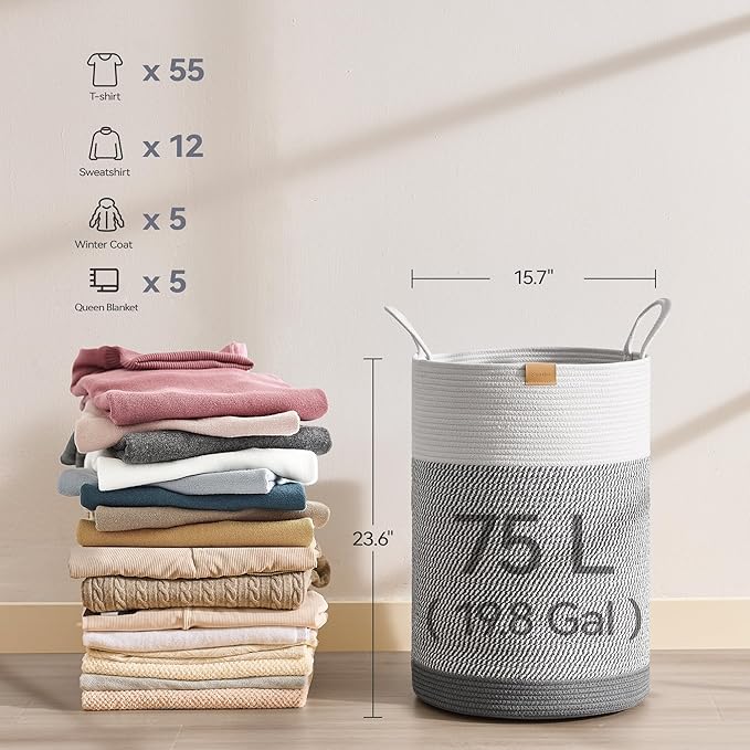 Laundry Hamper 75L,Large Laundry Basket for Clothes,Decorative Storage Basket for Blankets,Cotton Rope Woven basket for bedroom,Grey White