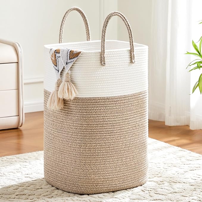 Laundry Basket,Woven Cotton Rope Laundry Hamper,Versatile Storage for Dirty Clothes,Baby Toys,and Blankets in Bathroom, Nursery,and Living Room (Brown, 60L)