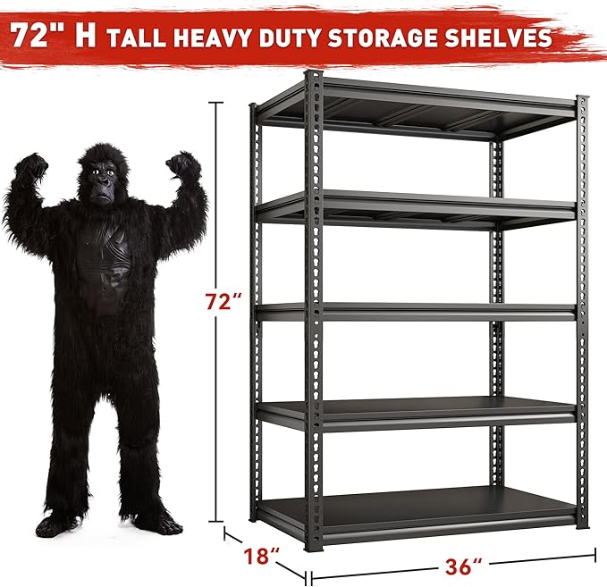 REIBII 72" H Garage Shelving Load 2500 LBS, Heavy Duty Storage Shelves, 5-Tier Adjustable Garage Shelves for Warehouse, Basement, 72" H x36 W x18 D, Black