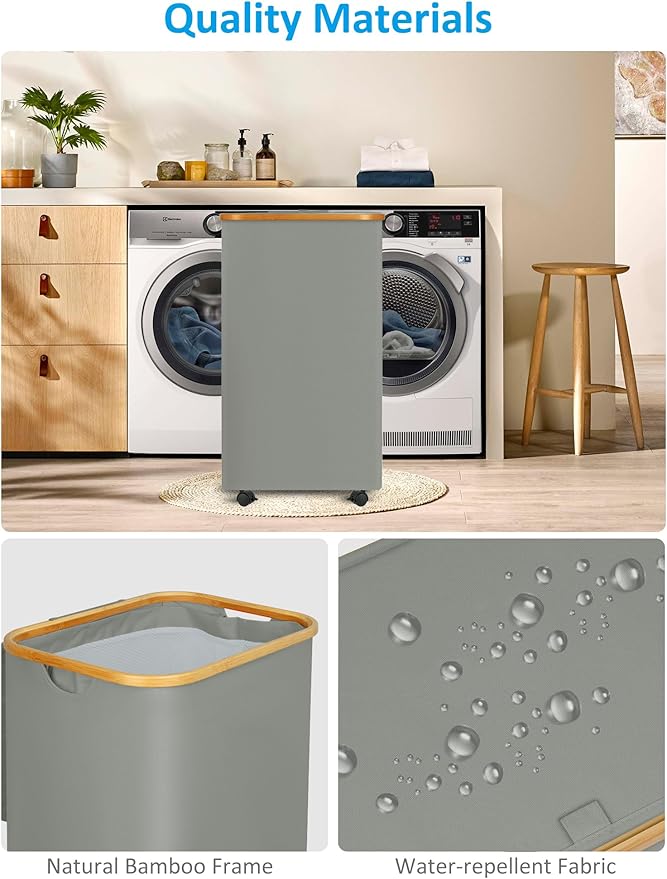 efluky Laundry Basket with Wheels, Tall Rolling Laundry Hamper with Lid and Removable Bag, Aesthetic Dirty Clothes Hamper on Wheels for Laundry Room, Bedroom, Dorm and Bathroom, 100L Grey