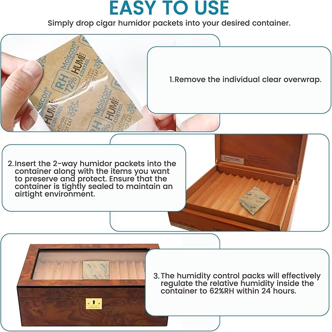72% Two-Way Humidity Control Packs- 8 Gram Moisture Absorbers for Herbs, Wood Humidifier Boxes - Natural Craft Paper Design, Individually Sealed Packets, Prevents Leaks [15 Pack]