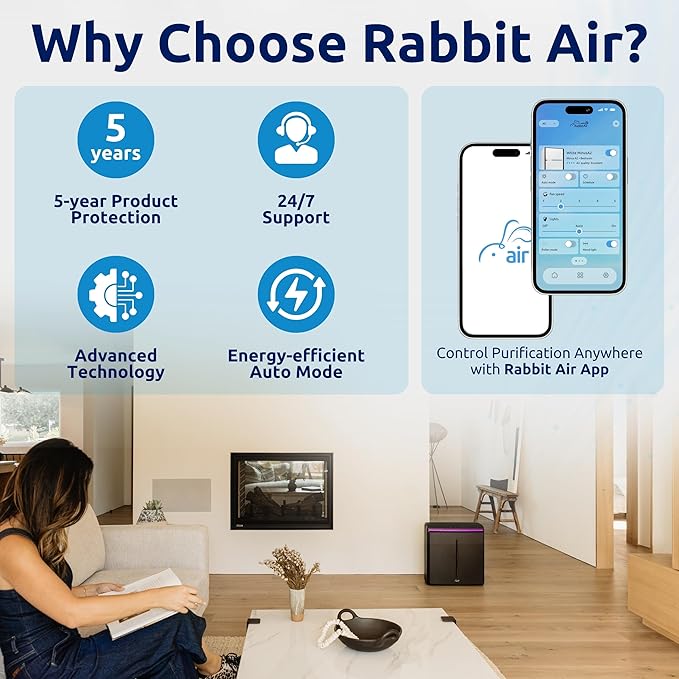 Rabbit Air, A3 SPA-1000N Air Purifiers for Home, Ultra Quiet HEPA Air Purifier - Wall Mountable Air Purifiers for Home Large Room, Allergies, Dust, Mold, Smoke & VOCs - (Black, Odor Remover Filter)