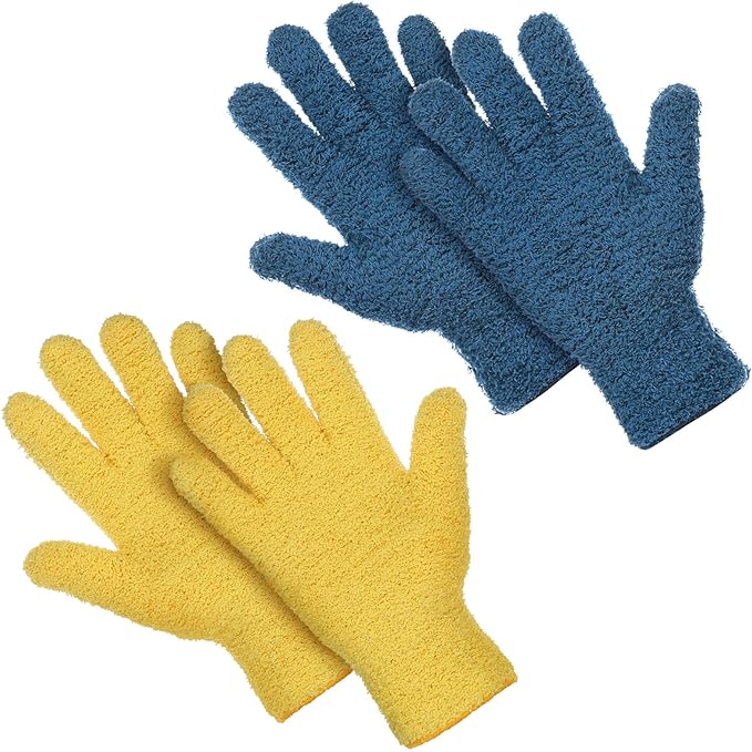 Patelai 2 Pairs Microfiber Gloves for plants Dusting Cleaning Glove Mittens House Cars Blinds Dusting(Yellow, Dark Blue, Large)