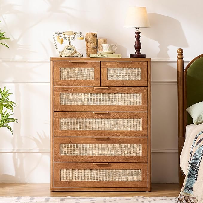LEYAOYAO Rattan Dresser for Bedroom, 42" Tall Chest of Drawers, Modern 6 Drawers Boho Dressers with Storage, Vintage Brown Dresser Wooden Closet Organizer for Living Room, Hallway