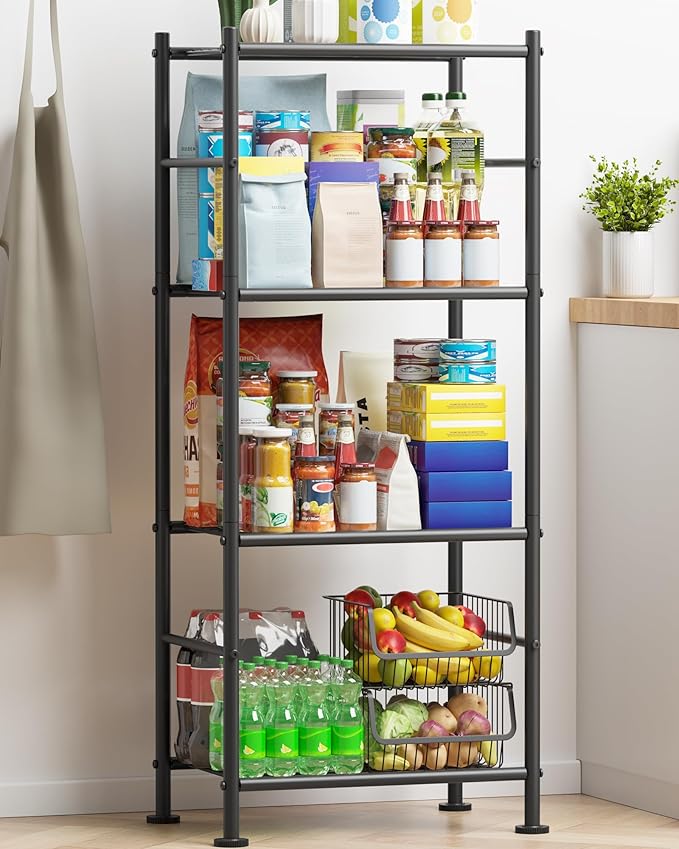Storage Shelves - 4 Tier Shelf Organizer, Sturdy Metal Garage Shelving with Adjustable Leveling Feet, Space-Saving Shelves Organizer for Pantry, Laundry, Kitchen (18" x 12" x 44", Black)