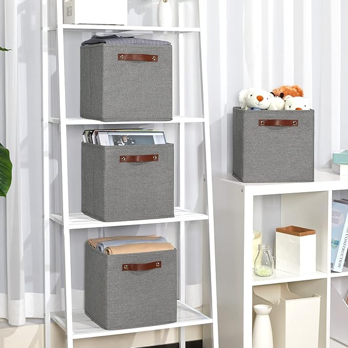 Temary 11 Inch Cube Storage Bins 4PCs Fabric Storage Cubes Storage Baskets Organizer with Handles, Foldable Baskets for Organizing Clothes, Toys, Towels (Grey, 11x11x11)
