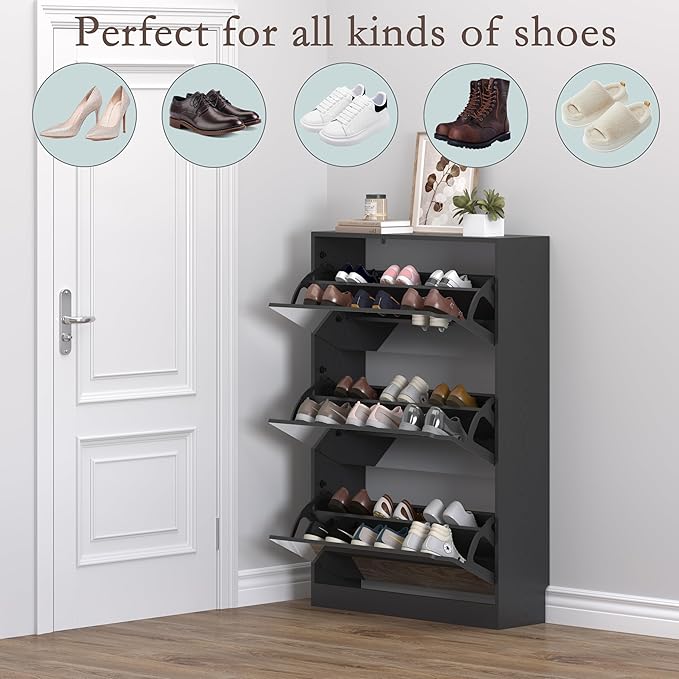 Shoe Cabinet with 3-Flip Mirror Drawers, Freestanding Shoe Rack Organizer with Hidden Handle, Slim Narrow Shoe Storage Cabinet for Entryway, Entrance, Hallway, Bedroom