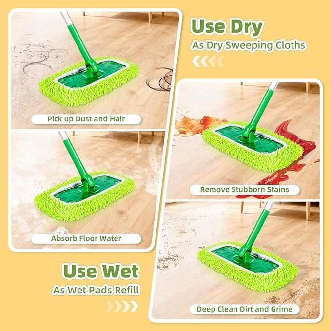 Reusable Microfiber Mop Pads Compatible with Sweeper Mop, Washable Wet Pads Refill & Highly Absorbent Dry Sweeping Cloths - Chenille Mop Pads for All Sealed Floors Cleaning (Mop is not Included)