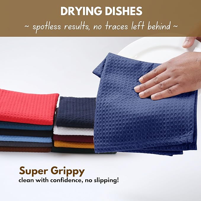 Native Fab Waffle Kitchen Towels 4 Pack - Super Absorbent 100% Cotton Dish Towel for Cleaning, Drying, Cooking - Durable, Soft Kitchen Essentials for Home Use, 16x26 inches - Ink Blue
