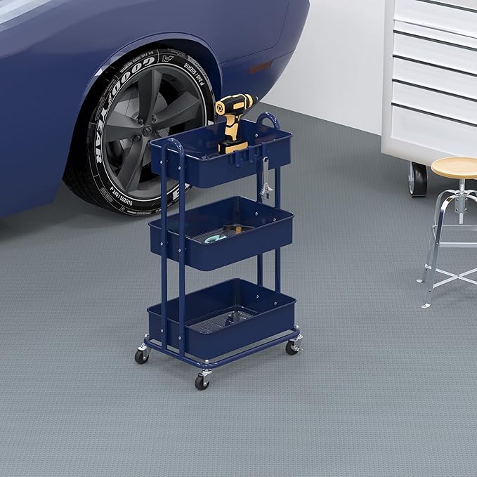 Simple Houseware 3-Tier Heavy Duty Metal Utility Rolling Cart, Navy