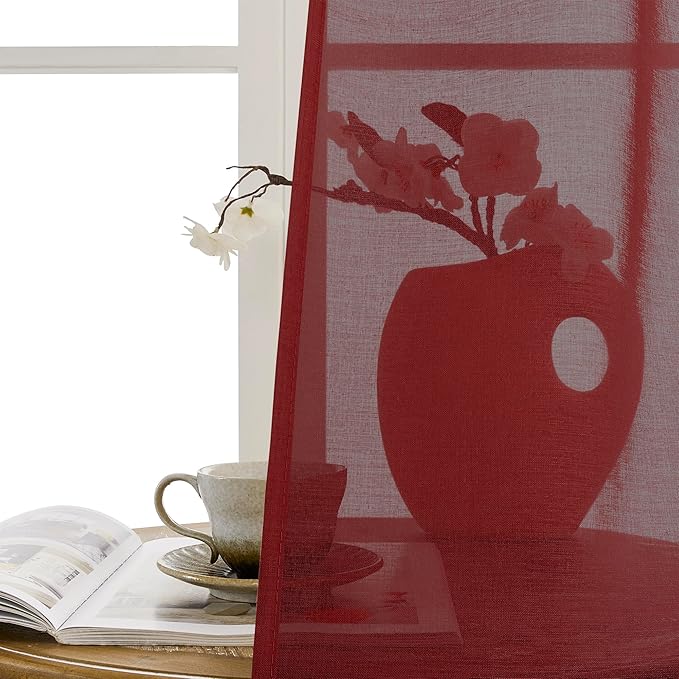 Tollpiz Sheer Door Curtains Closet Linen Textured Curtain Sheers Doorway Light Filtering Voile French Door Rod Pocket Curtains Patio Glass Door, 54 x 63 inches Long, Burgundy Red, Set of 1 Panel