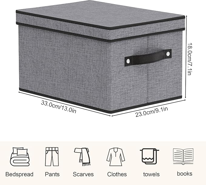 Fabric Storage Boxes, 7.1 x 9.1 x 13 Inch Baskets for Shelves with Lids, Wardrobe Organiser with Handles, Decorative Linen Closet Organizer Bins, Gray, 1 Pack