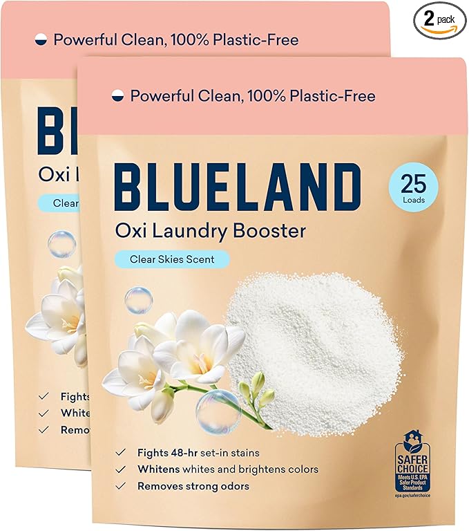 BLUELAND Oxi Laundry Booster Powder Refill 2-Pack, Clear Skies Scent, 50 Loads, 35.2 oz, Plastic-Free, Eco Friendly, Oxy Cleaner, Stain Remover