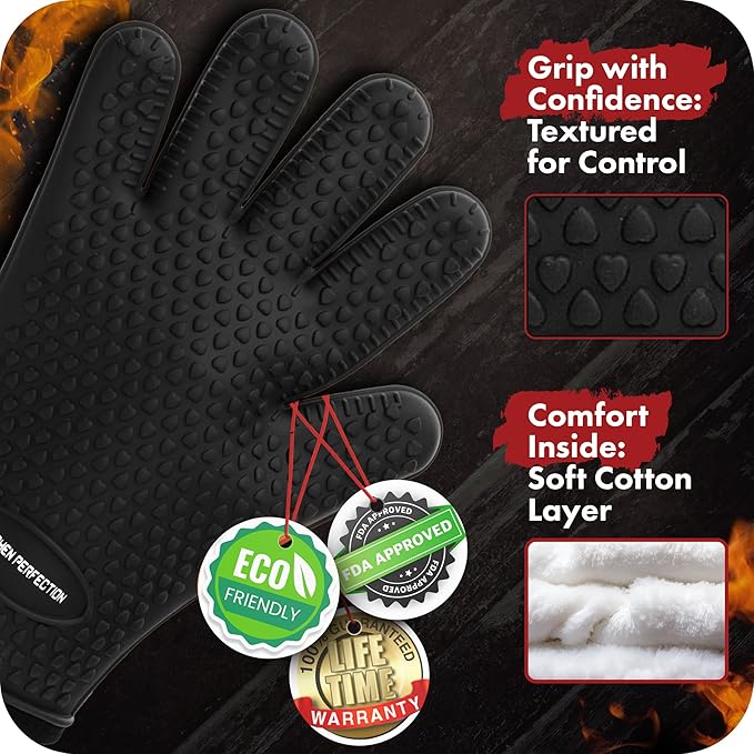 KITCHEN PERFECTION Silicone Smoker Oven Gloves -Extreme Heat Resistant BBQ Gloves -Handle Hot Food Right on Your Smoker Grill Fryer Pit|Waterproof Oven Mitts Grill Gloves |Superior Value Set+3 Bonuses