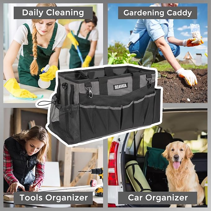 Wearable Cleaning Caddy Bag, Cleaning Caddy Supplies Organizer with Handle & Shoulder Straps for Housekeepers, Under Sink & Car Cleaning Tool Organizers with 4 Foldable Divider (DarkGrey)