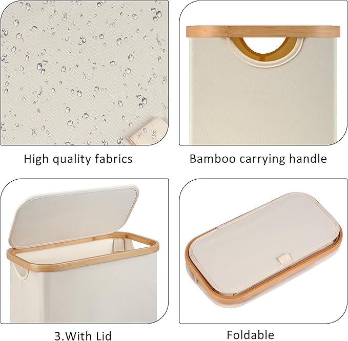 Slim Laundry Basket,Tall laundry Hamper with Lid,60L Hamper for Laundry,Dirty Cloth Hamper with Bamboo Handle for Toys,Towels, Clothes Organizing,Beige