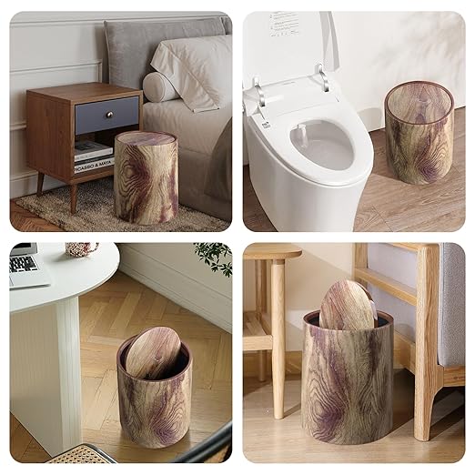 Wood Grain Plastic Trash Can Swing Top Lid, 4Gal/15L Farmhouse Wastebasket Bin Retro Style with Inner Bucket, Bathroom Trash Can Hidden Bag for Room Aesthetic, Round Brown Garbage Can 2pack