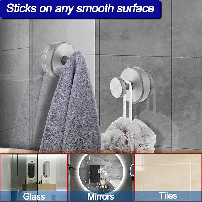 Suction Cup Hooks for Shower, Removable Towel Hooks for Bathroom Window Glass Door Wall, Bath Robe Looafh Hook for Hanging - 4 Pack, Silver