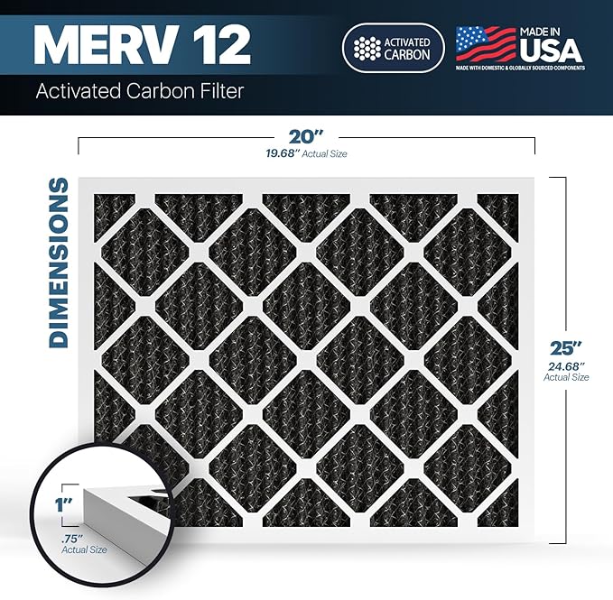 BNX TruFilter 20x25x1 MERV 12 Odor Defense (4-Pack) AC Furnace Air Filter with Activated Carbon - MADE IN USA - Pleated Air Conditioner HVAC AC Furnace Filters - Removes Odor, Mold, Bacteria, Smoke