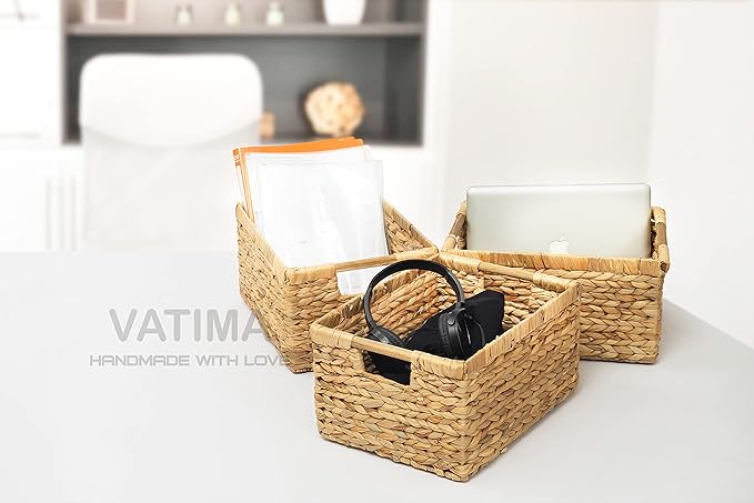 VATIMA Large Rectangular Wicker Basket with Wooden Handles for Shelves and Storage - Natural Water Hyacinth Basket for Organizing, 14.5 x 10.3 x 7.5 inches
