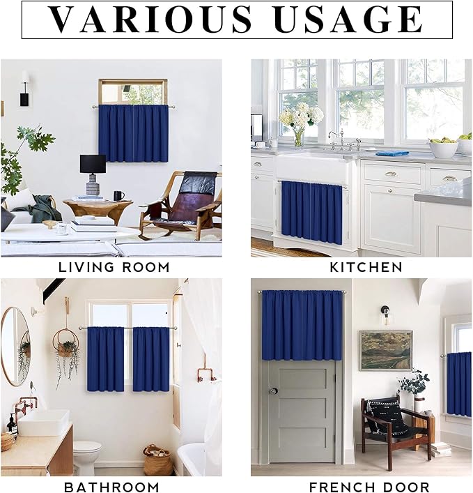 RYB HOME Small Window Tier Curtains, Light Block Privacy Solid Portable Drapes for Kitchen Cabinet Kid Bedroom Basement RV Curtains, Wide 52 x Long 36 per Panel, Marine Blue, 2 Pcs