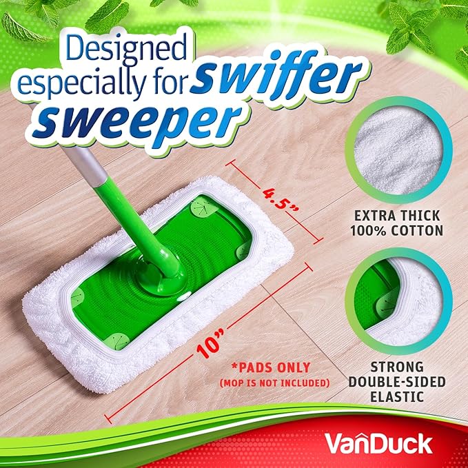 VanDuck Reusable 100% Cotton Mop Pads Compatible with Swiffer Sweeper (4-Pack), Terry Cloth Mop Covers Washable for Wet Mopping and Floor Cleaning (Handle is Not Included)