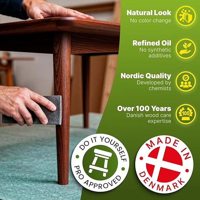 Nordicare Wood Oil Colorless - Premium Walnut Oil, Teak Oil, Wood Oil Furniture for Oak, Beech, Teak, Walnut, Pine, Larch - Natural Furniture Wood Oil - Made in Denmark - for Indoor Use (34 oz)