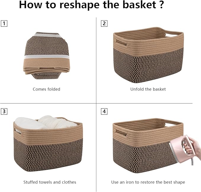 OIAHOMY 4 Pack Storage Baskets for Organizing, Basket for Shelves with Handle, Woven Baskets for Storage Toys, Towels, Books, Cotton Rope Basket 13" L x 9 " W x 7.8 " H, Brown & Black
