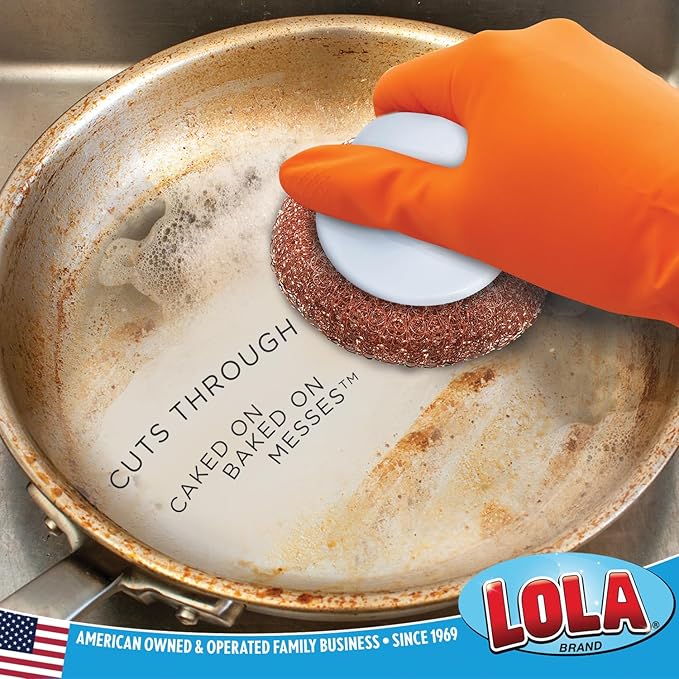 LOLA Copper Mesh Scouring Pad w/Comfort Knob, Heavy Duty Cleaning Pads, Knitted Wire Mesh, Cleans Caked-On & Baked-On Messes - 1 Pack