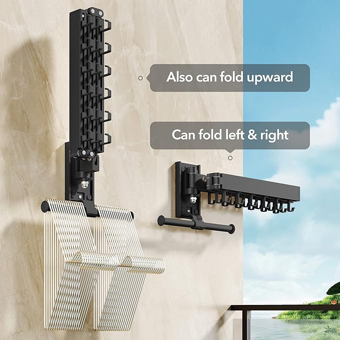 Drying Rack Clothing, Retractable Clothes Drying Rack,Wall Mounted Laundry Rack, Laundry Drying Rack Wall Mount,Collapsible Clothes Rack,can Fold Upward & Left & Right,Black Color
