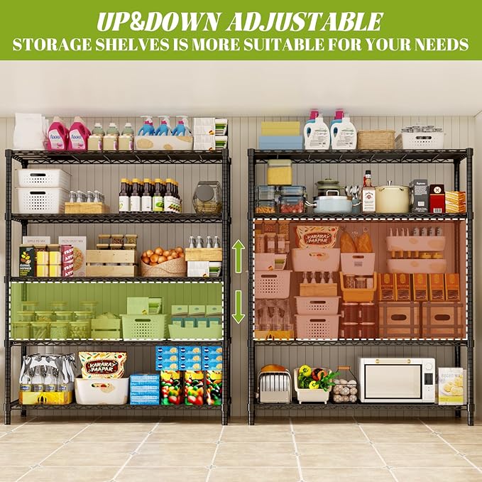 Storage Shelves, 48" L x 20" W x 72" H Heavy Duty Garage Wire Shelving Unit Loads 2000LBS, 5-Tier Adjustable Metal Industrial Utility Shelf Rack for Kitchen, Laundry Room, Basement
