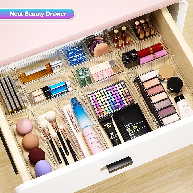 25 PCS Clear Plastic Drawer Organizer Set - 4 Sizes Makeup Organizer Desk Drawer Divider Bathroom Organizers and Storage Bins for Makeup, Jewelry, Gadgets, Office, Kitchen, Bedroom, Bathroom