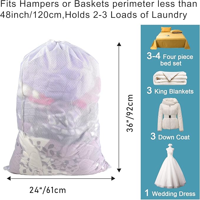 Polecasa Extra Heavy Duty Large Diamond Mesh Laundry Bags with Drawstring Closure & ID Tag, 24 x 36 inches Washable Storage Bag, Laundry Accessory for Hamper, College, Travel, Sports, Dorms, White