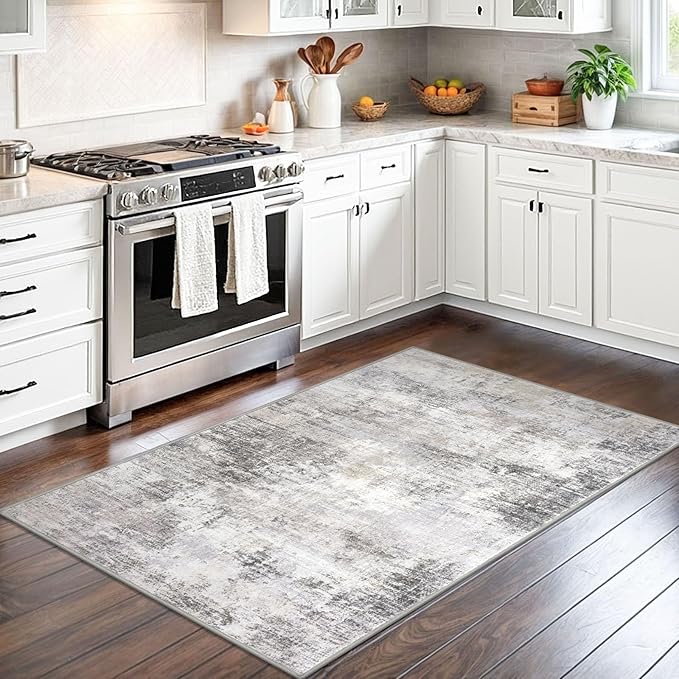 IOHOUZE Abstract Area Rug 3x5 Ft Washable Rugs for Entryway Indoor, Non Slip Kitchen Rug Printed Faux Wool Throw Rugs, Indoor Door Mat for Door Entrance Foyer Living Room, Grey Beige